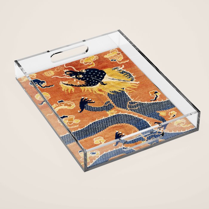 Ningxia Blue Dragon Chinese Pillar Antique Rug Print Acrylic Tray Gallery Image 1
