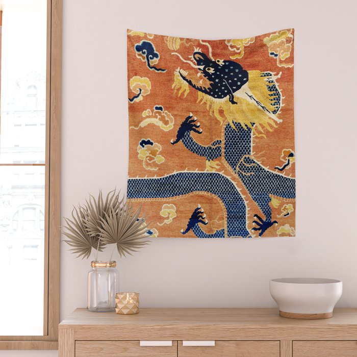 Ningxia Blue Dragon Chinese Pillar Antique Rug Print Wall Tapestry Gallery Image 2