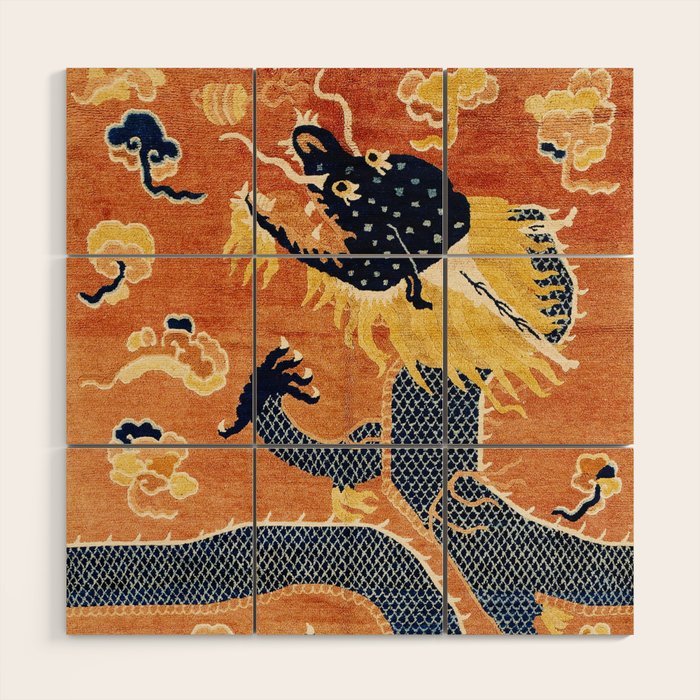 Ningxia Blue Dragon Chinese Pillar Antique Rug Print Wood Wall Art Gallery Image 1
