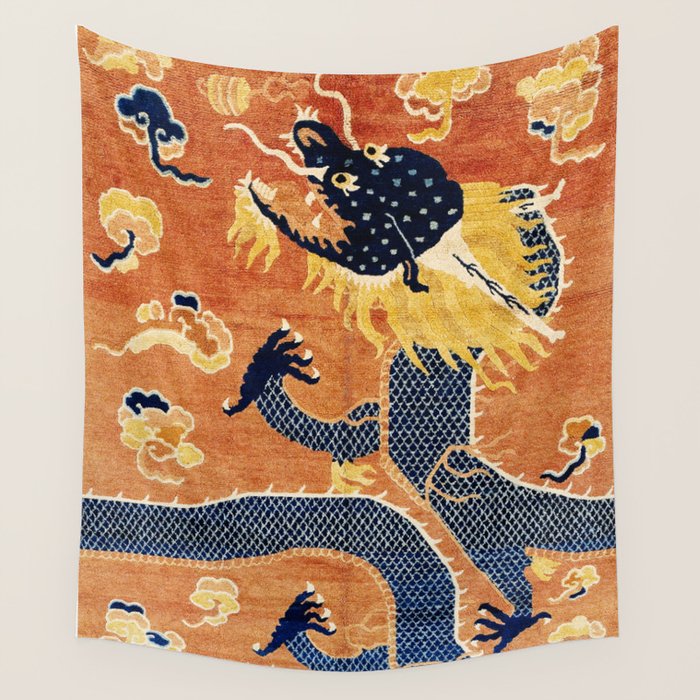 Ningxia Blue Dragon Chinese Pillar Antique Rug Print Wall Tapestry Gallery Image 1