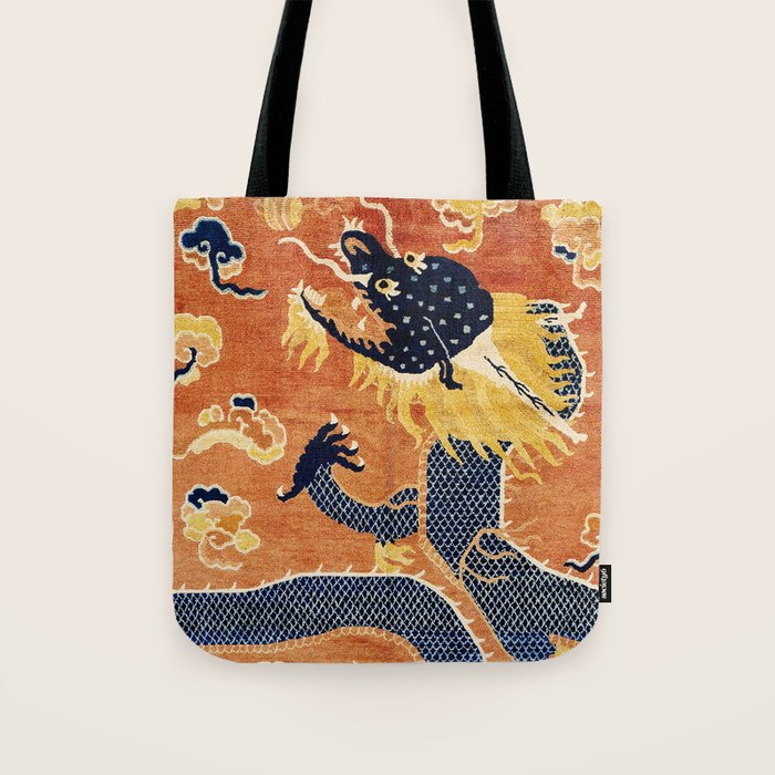 Ningxia Blue Dragon Chinese Pillar Antique Rug Print Tote Bag Gallery Image 1