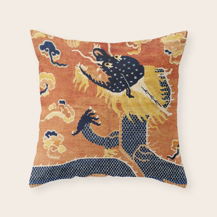 Ningxia Blue Dragon Chinese Pillar Antique Rug Print Throw Pillow Gallery Image 1