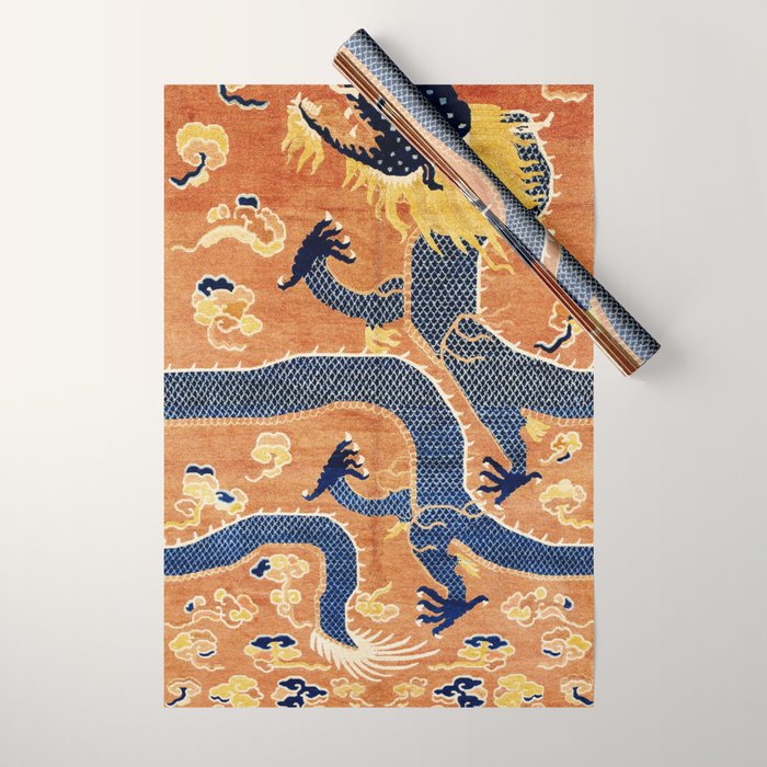 Ningxia Blue Dragon Chinese Pillar Antique Rug Print Wrapping Paper Gallery Image 1