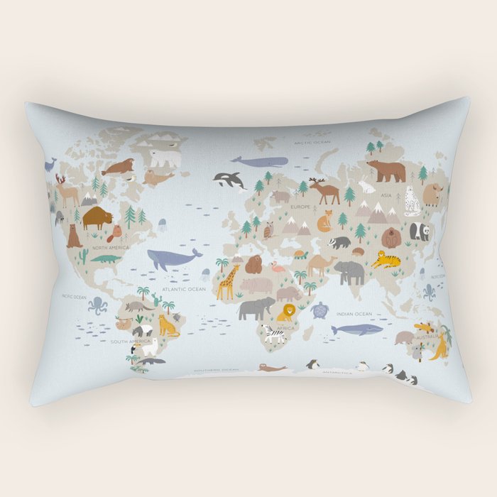 Animal World Map for Kids - Blue Rectangular Pillow Gallery Image 1