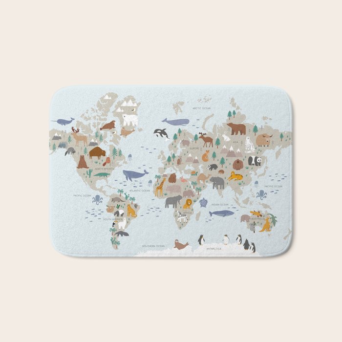 Animal World Map for Kids - Blue Bath Mat Gallery Image 1