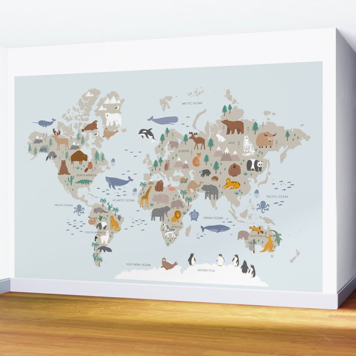 Animal World Map for Kids - Blue Wall Mural Gallery Image 2