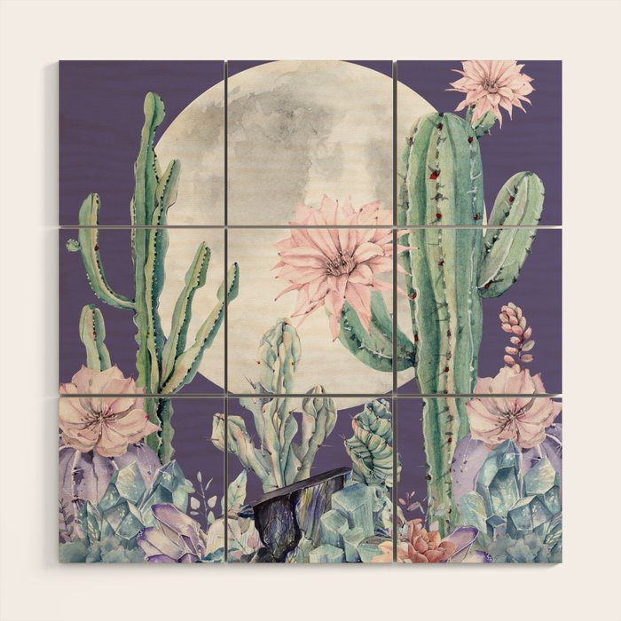 Desert Cactus Full Moon Succulent Garden on Purple Wood Wall Art Gallery Image 1