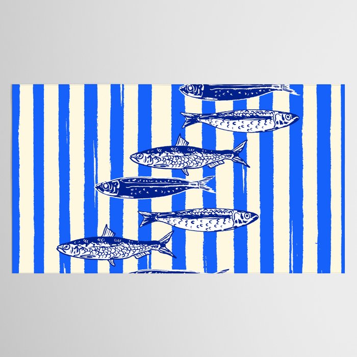 Swimming Sardines - Blue Striped Coastal Art Tablecloth Gallery Image 2