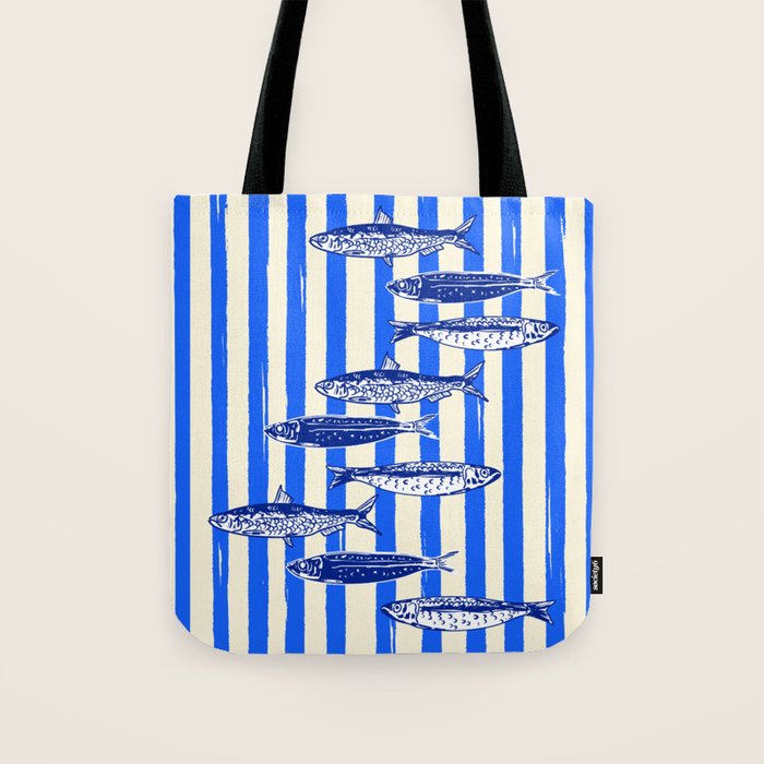 Swimming Sardines - Blue Striped Coastal Art Tote Bag Gallery Image 1