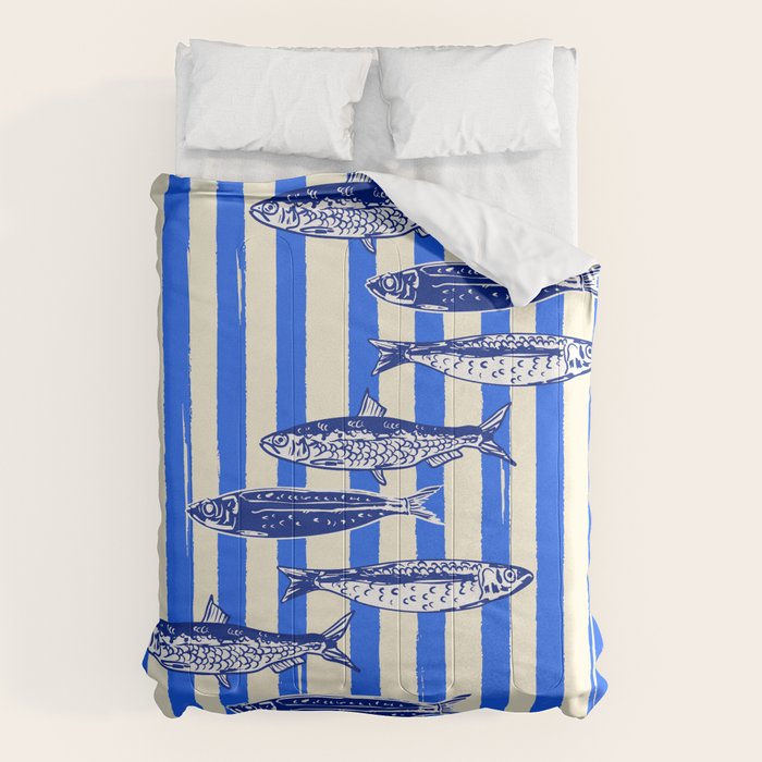 Swimming Sardines - Blue Striped Coastal Art Comforter Gallery Image 6