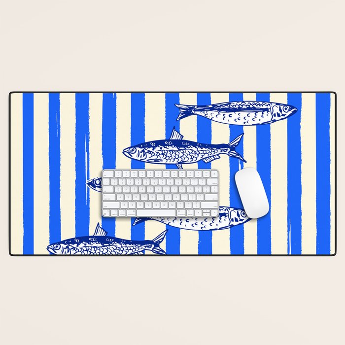 Swimming Sardines - Blue Striped Coastal Art Desk Mat Gallery Image 1