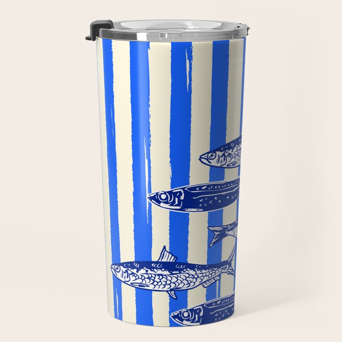 Swimming Sardines - Blue Striped Coastal Art Travel Mug Gallery Image 3