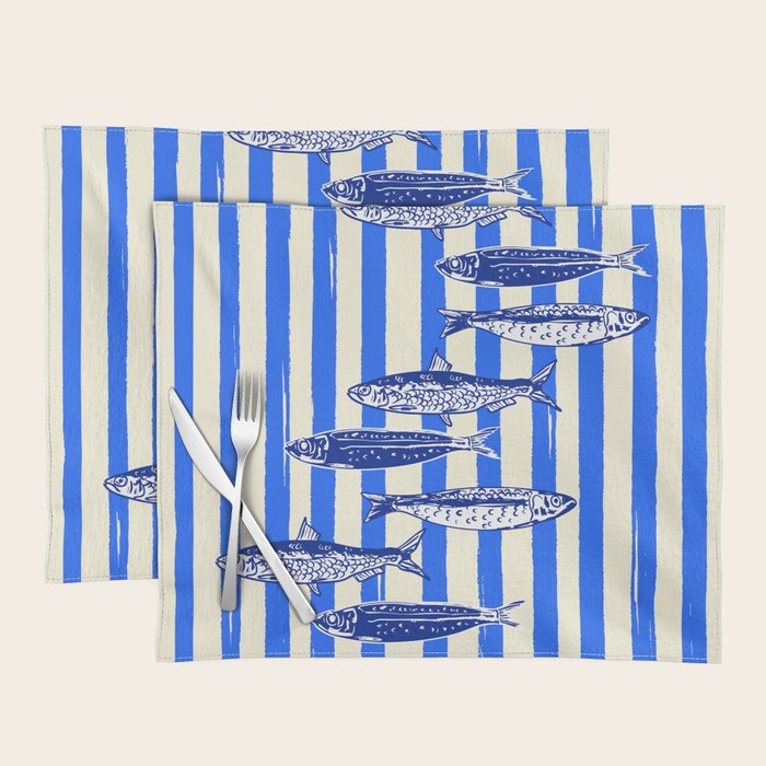 Swimming Sardines - Blue Striped Coastal Art Placemat Gallery Image 1