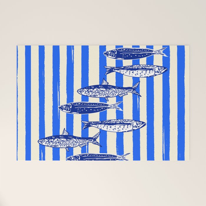 Swimming Sardines - Blue Striped Coastal Art Welcome Mat Gallery Image 1