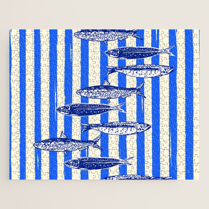 Swimming Sardines - Blue Striped Coastal Art Jigsaw Puzzle Gallery Image 1