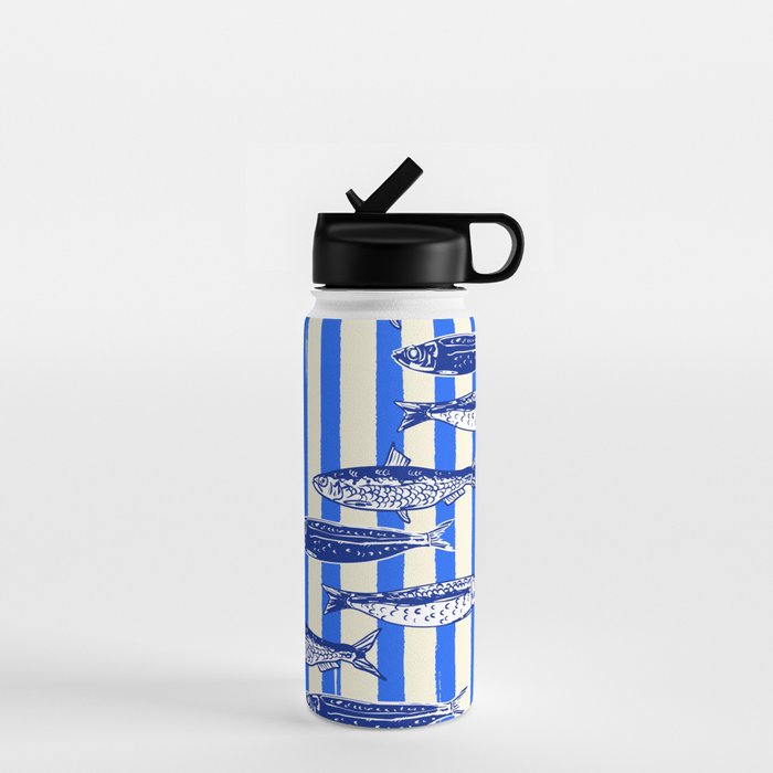 Swimming Sardines - Blue Striped Coastal Art Water Bottle Gallery Image 1