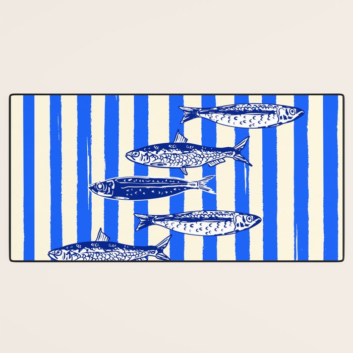 Swimming Sardines - Blue Striped Coastal Art Desk Mat Gallery Image 3