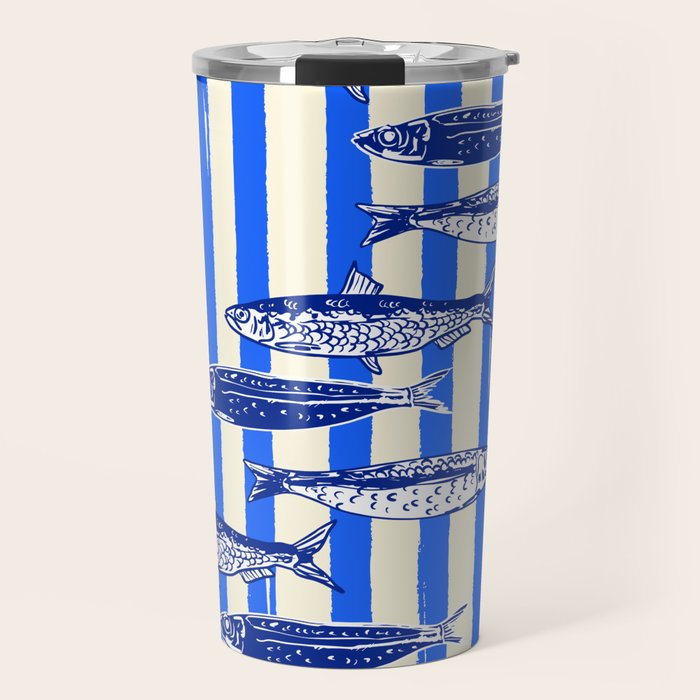 Swimming Sardines - Blue Striped Coastal Art Travel Mug Gallery Image 1