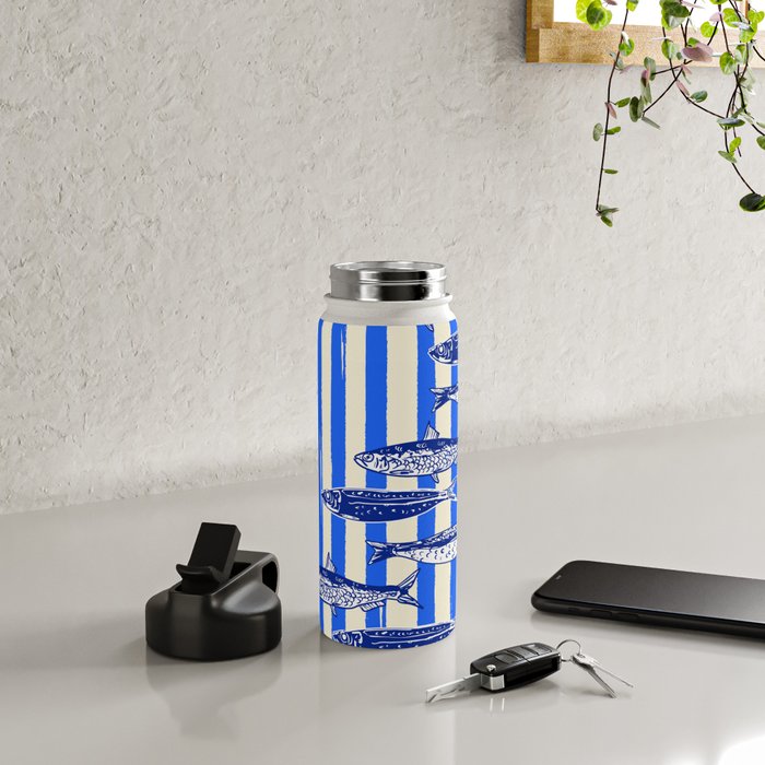 Swimming Sardines - Blue Striped Coastal Art Water Bottle Gallery Image 4