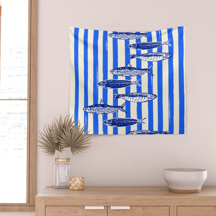 Swimming Sardines - Blue Striped Coastal Art Wall Tapestry Gallery Image 2