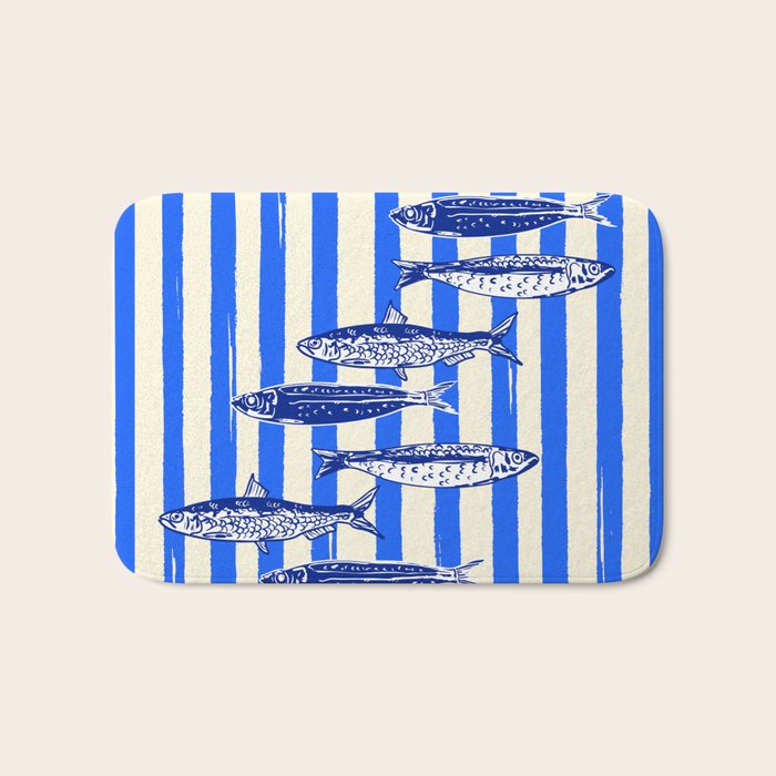 Swimming Sardines - Blue Striped Coastal Art Bath Mat Gallery Image 1