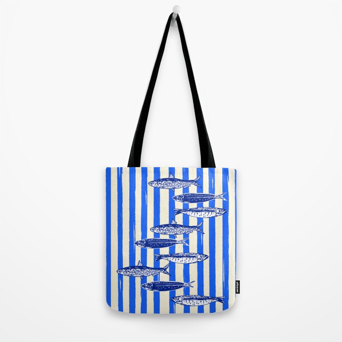 Swimming Sardines - Blue Striped Coastal Art Tote Bag Gallery Image 2