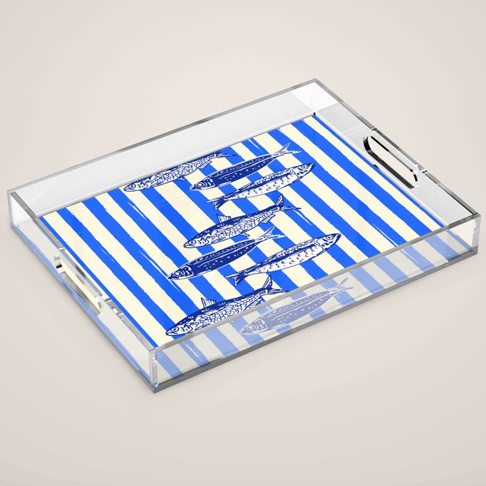 Swimming Sardines - Blue Striped Coastal Art Acrylic Tray Gallery Image 1