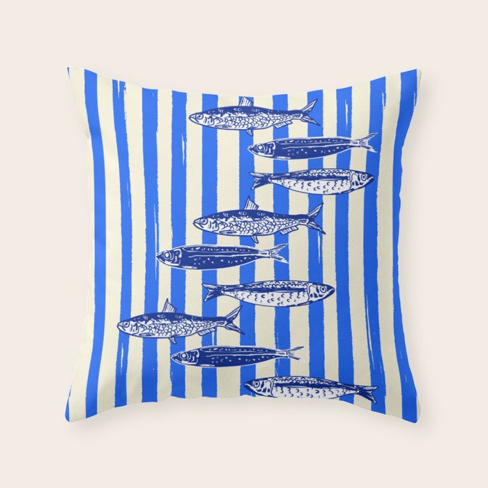 Swimming Sardines - Blue Striped Coastal Art Throw Pillow Gallery Image 1