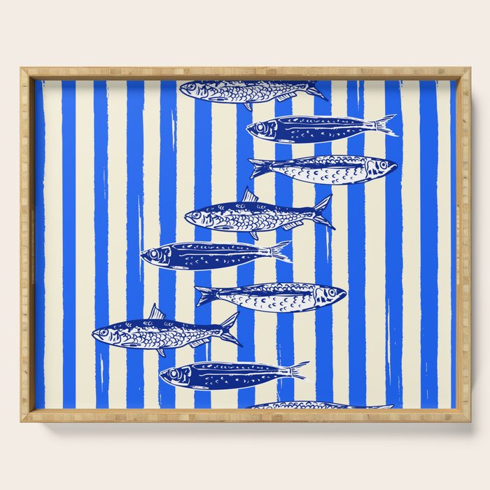 Swimming Sardines - Blue Striped Coastal Art Serving Tray Gallery Image 1