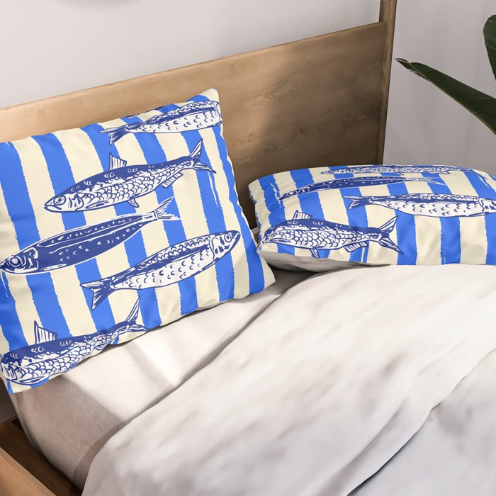 Swimming Sardines - Blue Striped Coastal Art Pillow Sham Gallery Image 2