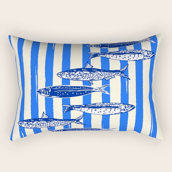 Swimming Sardines - Blue Striped Coastal Art Rectangular Pillow Gallery Image 1