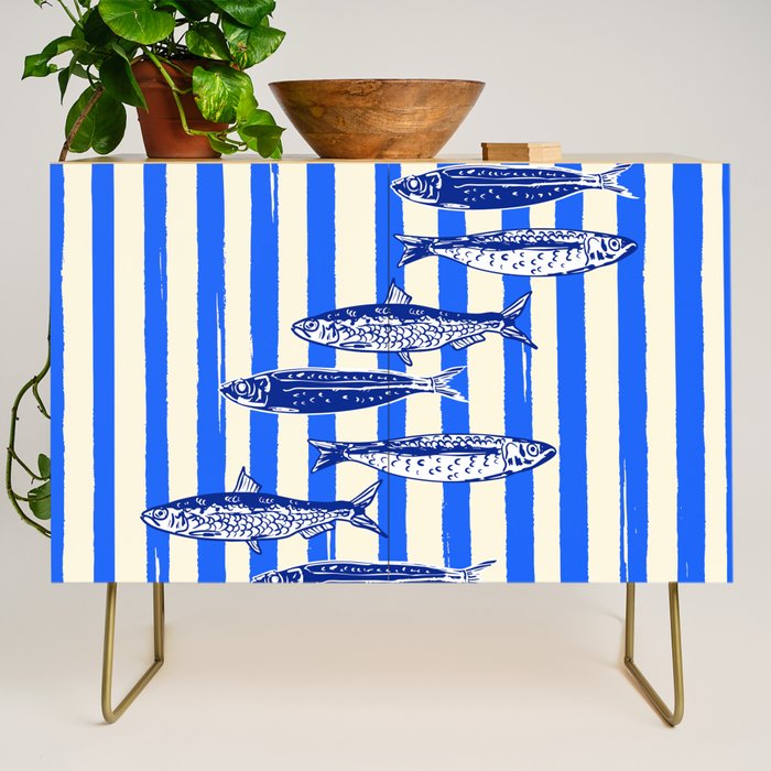 Swimming Sardines - Blue Striped Coastal Art Credenza Gallery Image 1