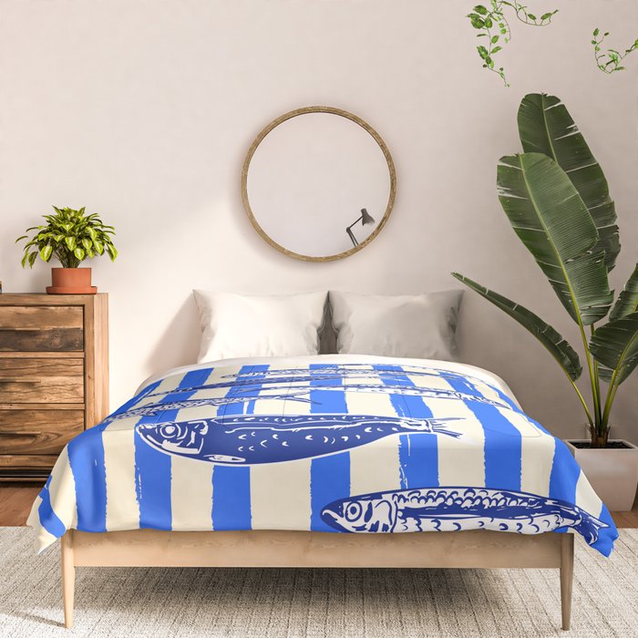 Swimming Sardines - Blue Striped Coastal Art Comforter Gallery Image 3