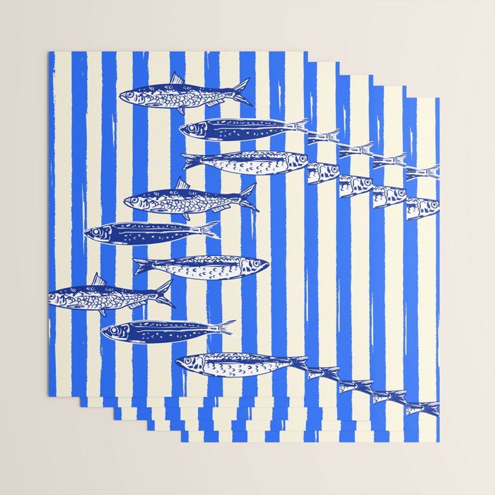 Swimming Sardines - Blue Striped Coastal Art Wrapping Paper Gallery Image 3