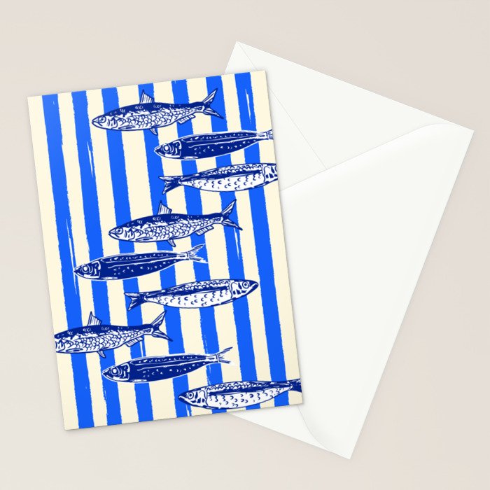 Swimming Sardines - Blue Striped Coastal Art Stationery Card Gallery Image 2