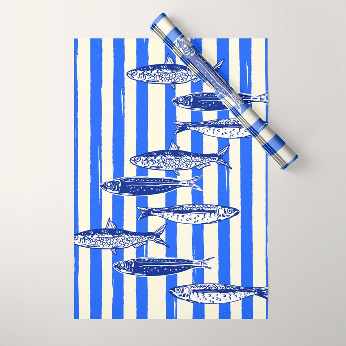 Swimming Sardines - Blue Striped Coastal Art Wrapping Paper Gallery Image 1