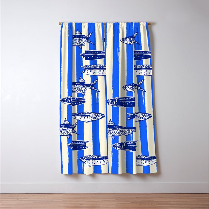 Swimming Sardines - Blue Striped Coastal Art Window Curtain Gallery Image 3