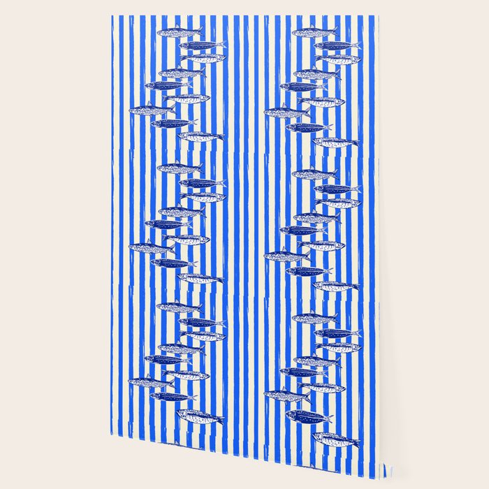 Swimming Sardines - Blue Striped Coastal Art Wallpaper Gallery Image 2