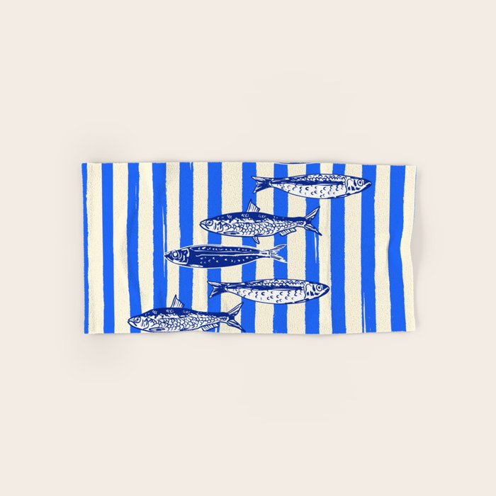 Swimming Sardines - Blue Striped Coastal Art Bath Towel Gallery Image 1