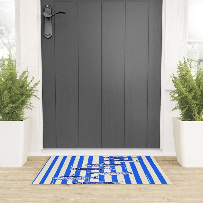 Swimming Sardines - Blue Striped Coastal Art Welcome Mat Gallery Image 3