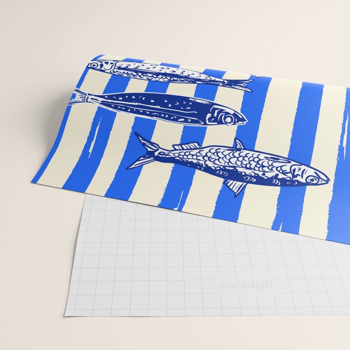 Swimming Sardines - Blue Striped Coastal Art Wrapping Paper Gallery Image 2
