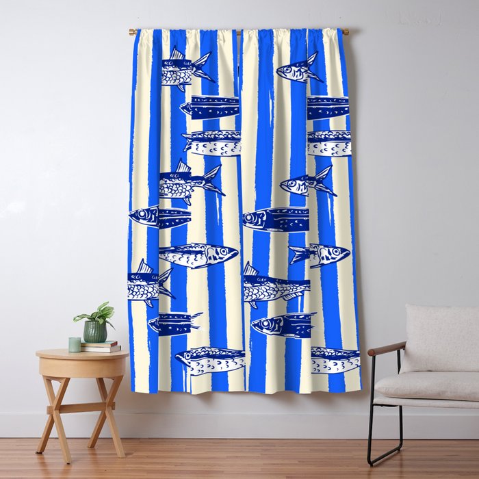Swimming Sardines - Blue Striped Coastal Art Window Curtain Gallery Image 1