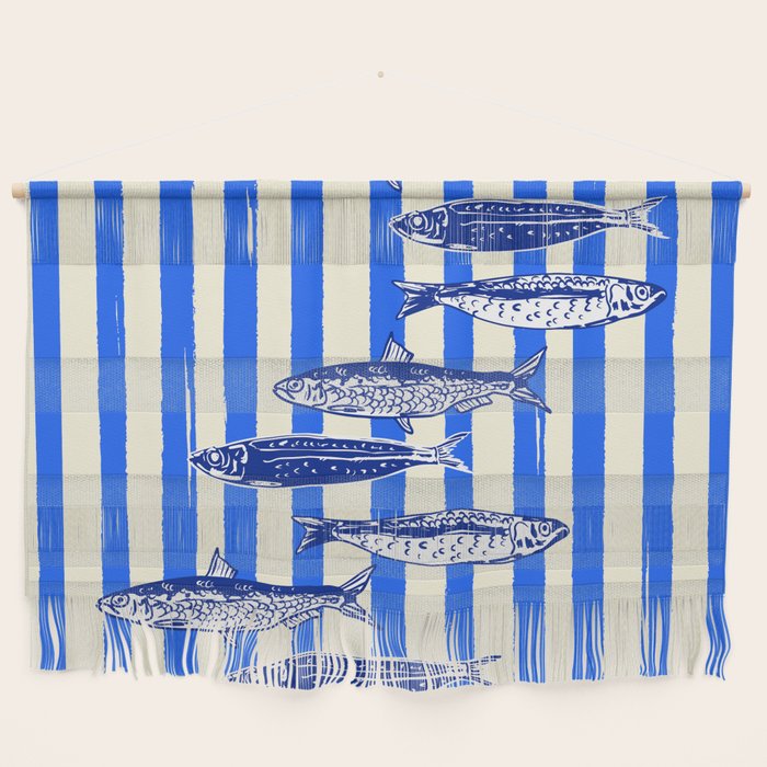 Swimming Sardines - Blue Striped Coastal Art Wall Hanging Gallery Image 1