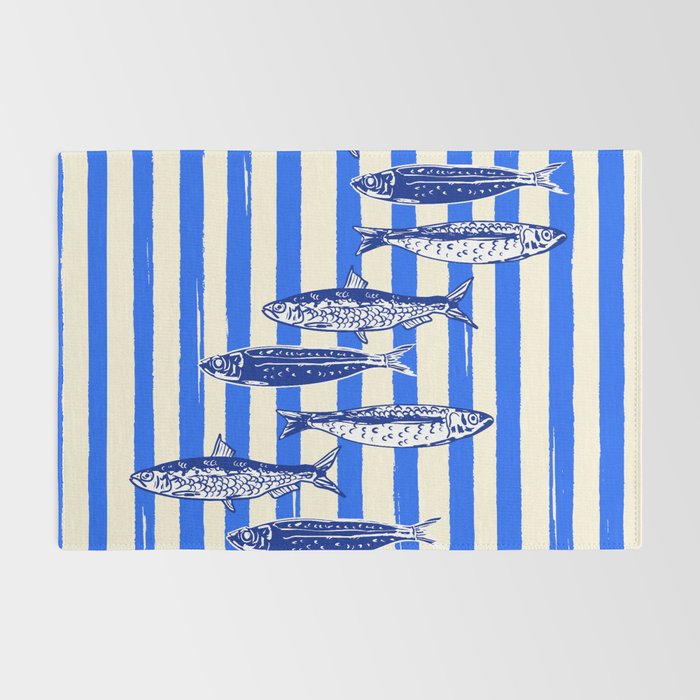 Swimming Sardines - Blue Striped Coastal Art Rug Gallery Image 2