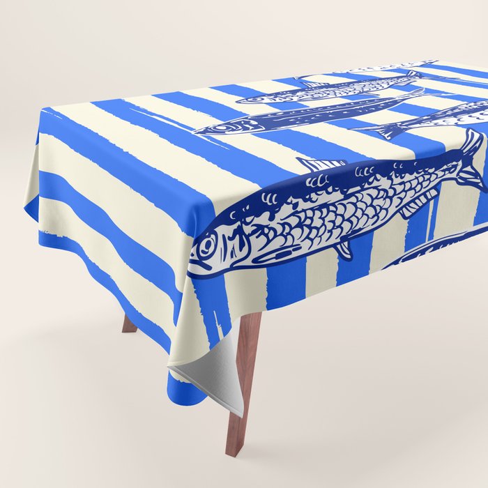 Swimming Sardines - Blue Striped Coastal Art Tablecloth Gallery Image 1