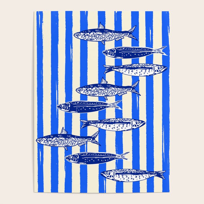 Swimming Sardines - Blue Striped Coastal Art Poster Gallery Image 1