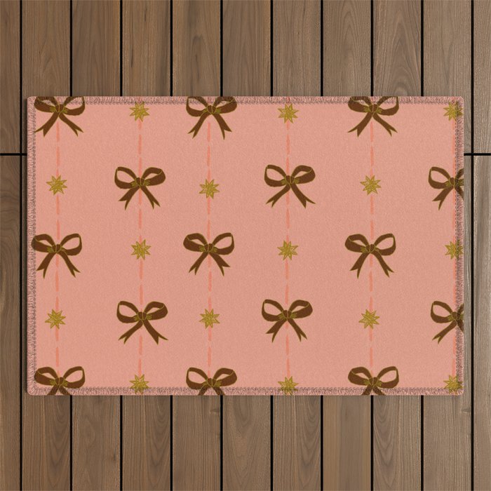 Cute Hair Bows & Stars in Peach & Brown Outdoor Rug Gallery Image 1