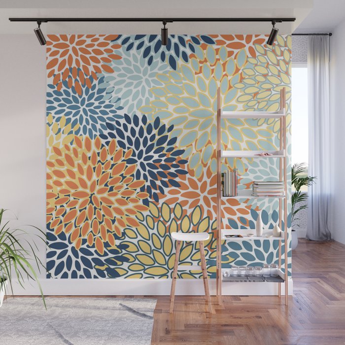 Modern, Floral Prints, Orange, Blue, Yellow Wall Mural Gallery Image 1