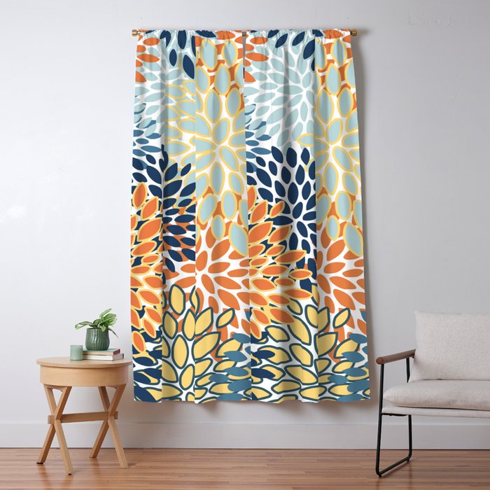 Modern, Floral Prints, Orange, Blue, Yellow Window Curtain Gallery Image 1