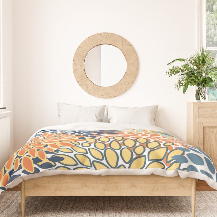 Modern, Floral Prints, Orange, Blue, Yellow Duvet Cover Gallery Image 3